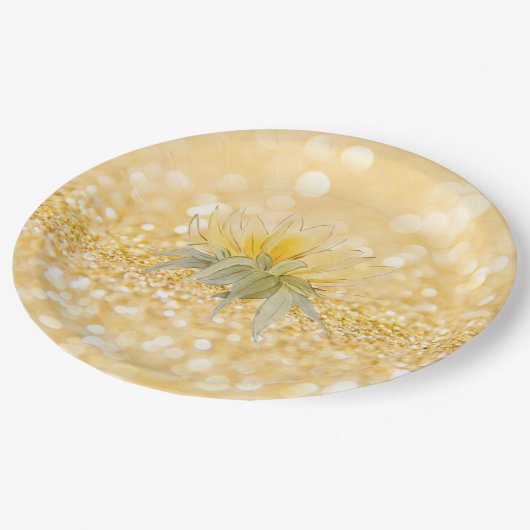 ラグジュアリーサンフラワー金ゴールド結婚グリッター ペーパープレート (アングル)