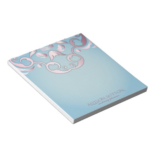 ラグジュアリーシエレガントック縁どピンクオンアクアマリンブルー ノートパッド (アングル)