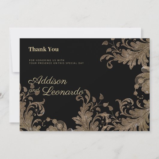 ラグジュアリーシックなブラック金ゴールドフローラレースありがとう 招待状 (正面)