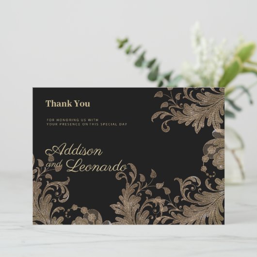 ラグジュアリーシックなブラック金ゴールドフローラレースありがとう 招待状 (スタンド正面)