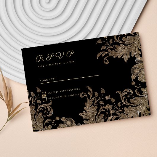 ラグジュアリーシックなブラック金ゴールドフローラレースRSVP 招待状