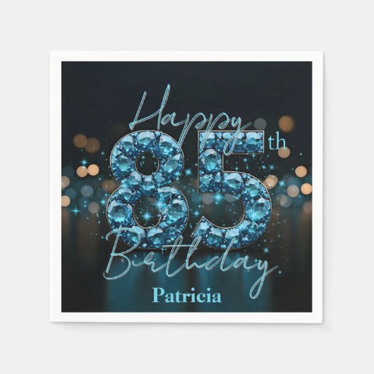 ラグジュアリーシックサファイアブルー&ブラック85誕生日 スタンダードカクテルナプキン (正面)
