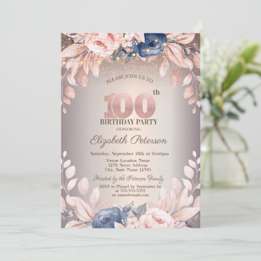 ラグジュアリーシックフローラ、ストリングライト100th誕生日 招待状 (スタンド正面)