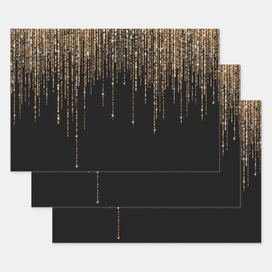 ラグジュアリーシックブラック金ゴールドスパークリーグリッターフリンジ ラッピングペーパーシート (セット)