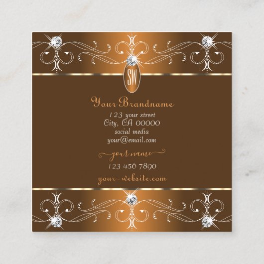 ラグジュアリーシナモンブラウン華美オーナメントイニシャル スクエア名刺 (裏面)