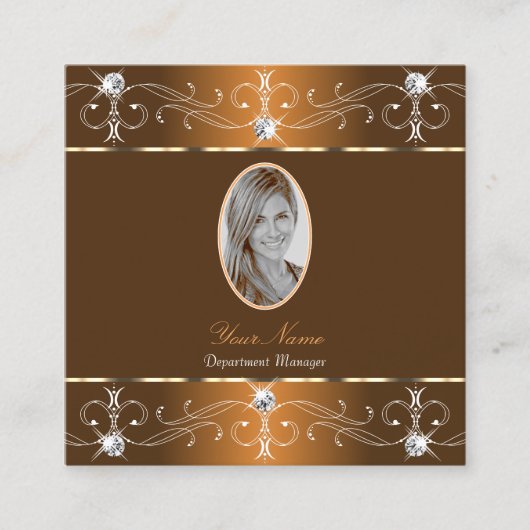 ラグジュアリーシナモン華美ブラウンオーナメントと写真 スクエア名刺 (正面)