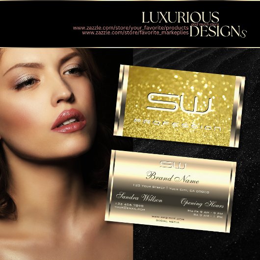 ラグジュアリーシメリーゴールデンイエローグリッターイニシャル 名刺