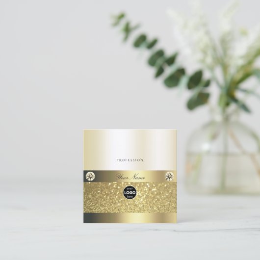 ラグジュアリーシメリー金ゴールド発光グリッターのロゴエレガント スクエア名刺 (スタンド正面)