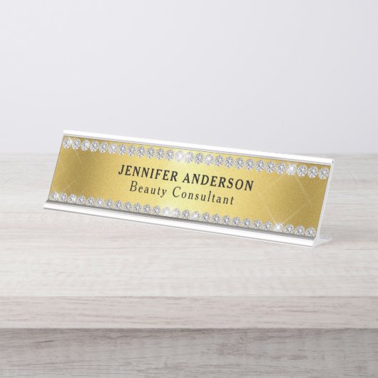 ラグジュアリーシャイニー金ゴールドとグリッターダイヤモンド デスクネームプレート (正面)