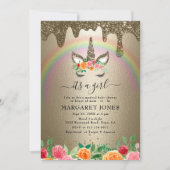 ラグジュアリーシャイニー金ゴールドグリッターガールユニコーンベビーシャワー 招待状 (正面)