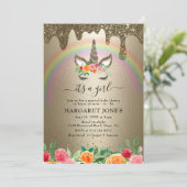 ラグジュアリーシャイニー金ゴールドグリッターガールユニコーンベビーシャワー 招待状 (スタンド正面)