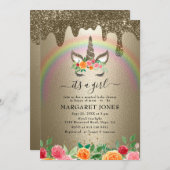 ラグジュアリーシャイニー金ゴールドグリッターガールユニコーンベビーシャワー 招待状 (正面/裏面)