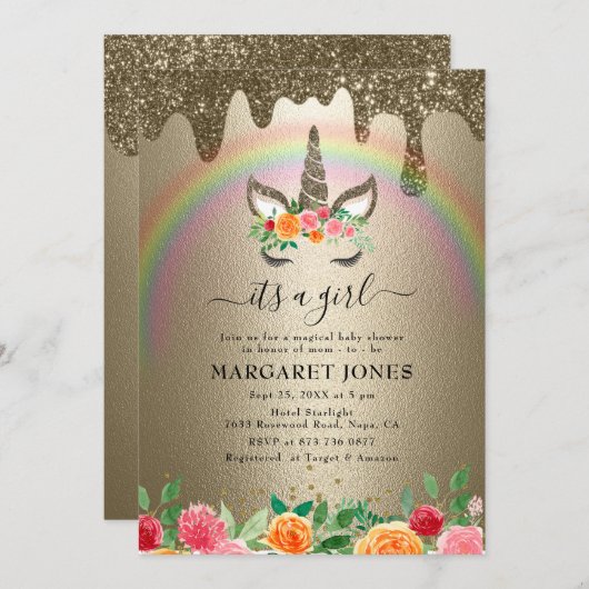 ラグジュアリーシャイニー金ゴールドグリッターガールユニコーンベビーシャワー 招待状 (正面/裏面)