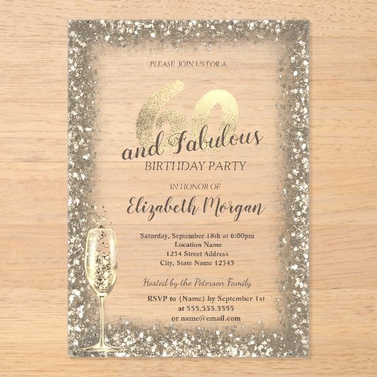 ラグジュアリーシャンパングラス金ゴールド紙吹雪フレーム60th アクリル招待状 (正面)