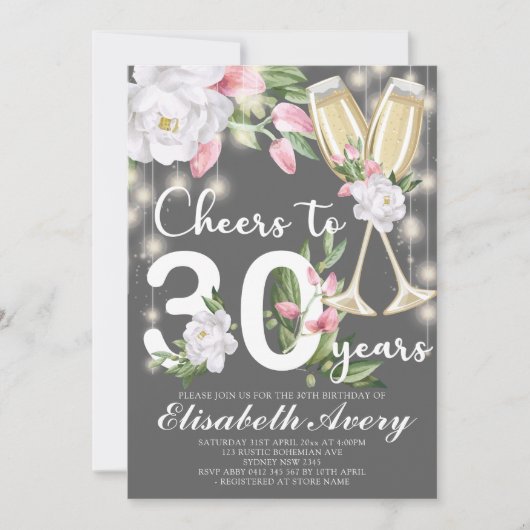 ラグジュアリーシャンパンフローラグレイ30th誕生日パーティー 招待状 (正面)