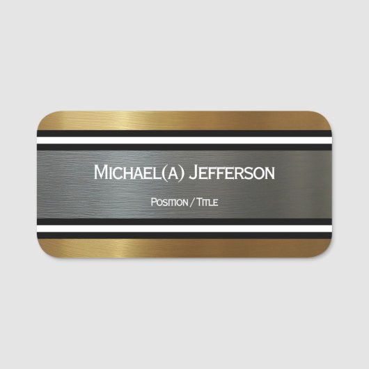 ラグジュアリーシルバーと金ゴールドブラシ：白黒 ストライプの 名札 (正面)
