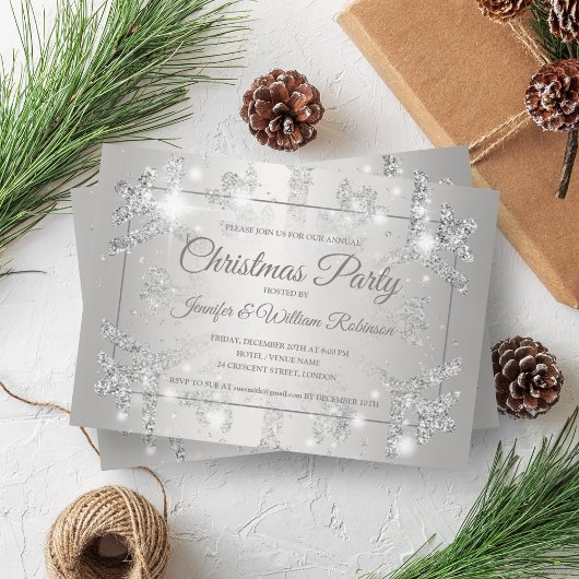 ラグジュアリーシルバーグリッタースノークリスマスホリデーパーティー 招待状