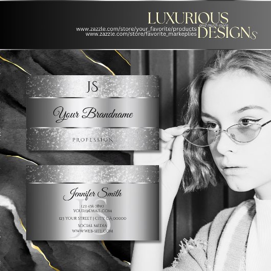 ラグジュアリーシルバースパークルグリッタースターズアンドイニシャル 名刺