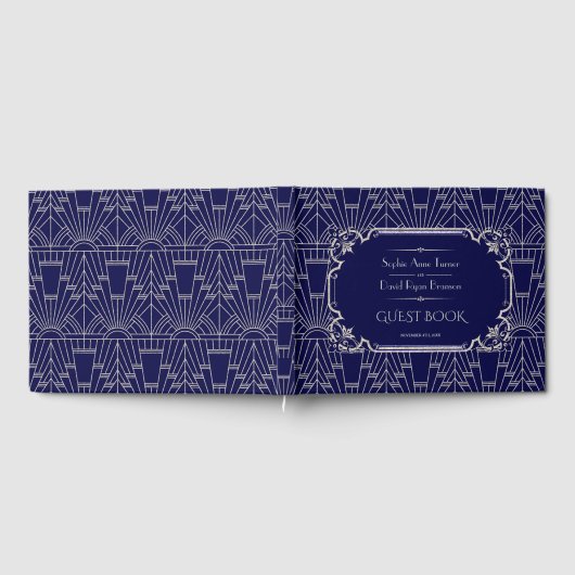 ラグジュアリーシルバーネイビー素晴らしブルーギャツビー20s結婚ズ ゲストブック (全面)