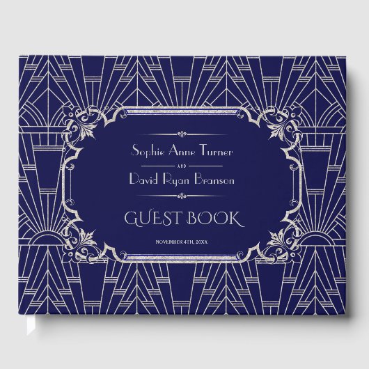 ラグジュアリーシルバーネイビー素晴らしブルーギャツビー20s結婚ズ ゲストブック (正面)