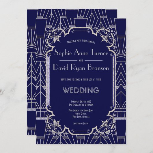 ラグジュアリーシルバーネイビー素晴らしブルーギャツビー20s結婚ズ 招待状 (正面/裏面)