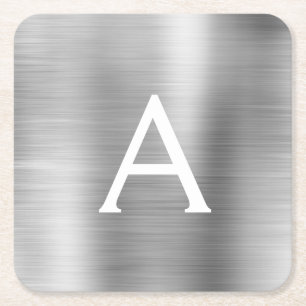 ラグジュアリーシルバーブラシメタルモノグラムネームイニシャル スクエアペーパーコースター