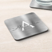 ラグジュアリーシルバーブラシ仕上げメタルモノグラム名イニシャル コースター (左側)