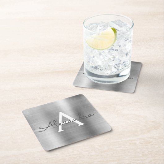 ラグジュアリーシルバーブラシ仕上げメタルモノグラム名イニシャル スクエアペーパーコースター (インサイチュ)