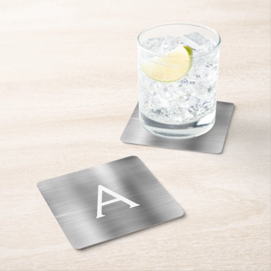 ラグジュアリーシルバーブラシ仕上げメタルモノグラム名イニシャル スクエアペーパーコースター (インサイチュ)