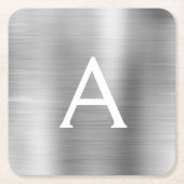 ラグジュアリーシルバーブラシ仕上げメタルモノグラム名イニシャル スクエアペーパーコースター (正面)