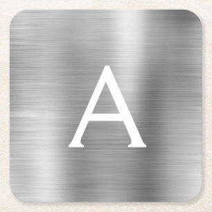 ラグジュアリーシルバーブラシ仕上げメタルモノグラム名イニシャル スクエアペーパーコースター