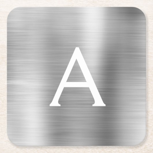 ラグジュアリーシルバーブラシ仕上げメタルモノグラム名イニシャル スクエアペーパーコースター (正面)