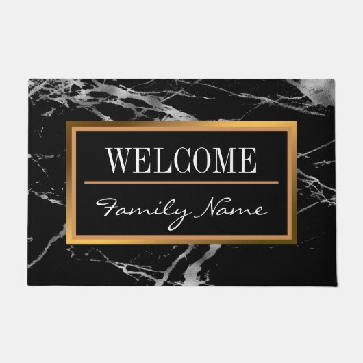 ラグジュアリーシルバーブラックマーブルカスタマイズ ドアマット (正面)