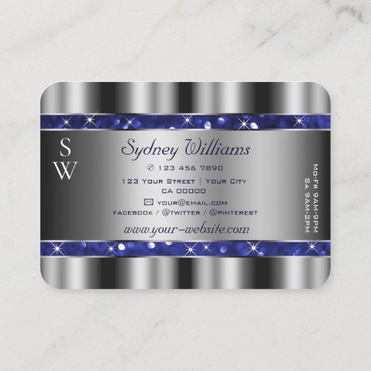 ラグジュアリーシルバーブルー王室のスパークルグリッターモノグラム 名刺 (裏面)