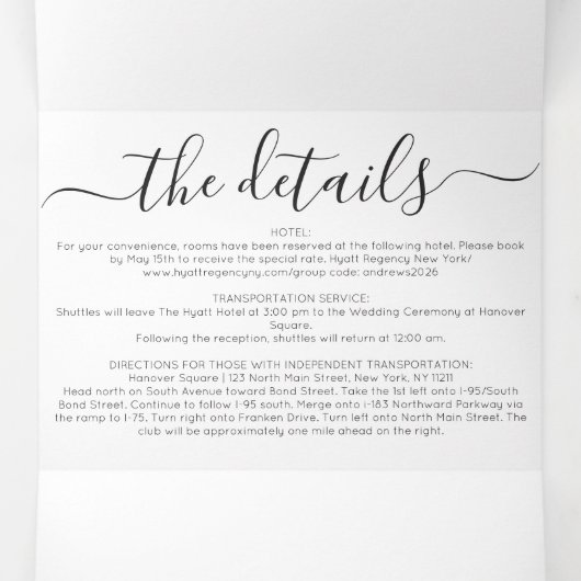 ラグジュアリーシルバーホワイトグリッターレジストリ詳細RSVP 三つ折り招待状 (内部中)