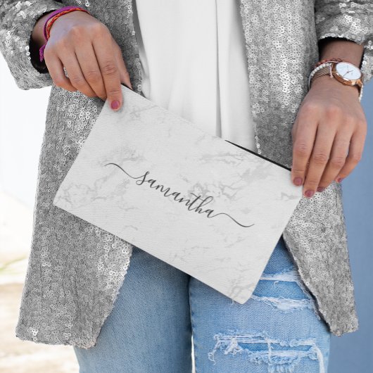 ラグジュアリーシルバーホワイトマーブルシグネチャー名 アクセサリーポーチ