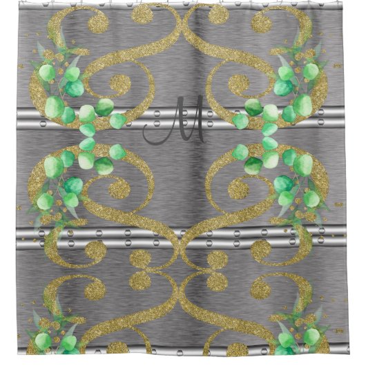 ラグジュアリーシルバー金ゴールドグリッターモノグラムシャワーカーテン シャワーカーテン (正面)