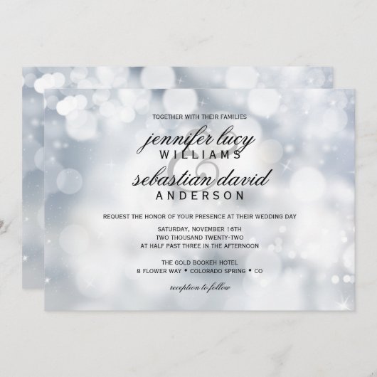 ラグジュアリーシルバー《写真》ぼけ味ライトシ結婚ック 招待状 (正面/裏面)