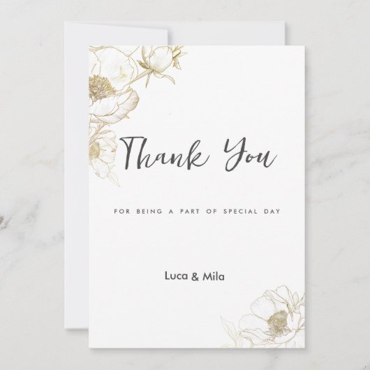 ラグジュアリーシンプル金ゴールドホワイト牡丹フローラありがとう 招待状 (正面)