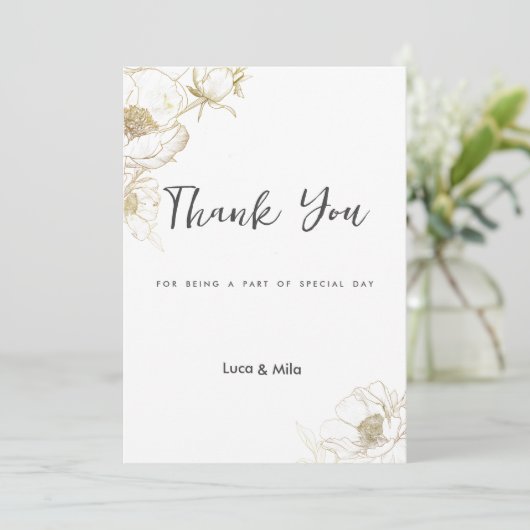 ラグジュアリーシンプル金ゴールドホワイト牡丹フローラありがとう 招待状 (スタンド正面)