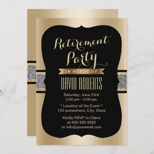 ラグジュアリーシークインベルトブラック&金ゴールドリタイアメントパーティー 招待状 (正面/裏面)