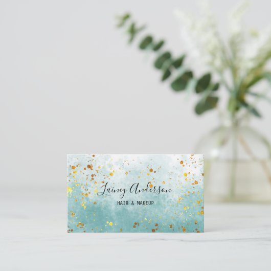 ラグジュアリーシーグリーン水カラーフェイク金ゴールドフォイルグリッター 名刺 (スタンド正面)
