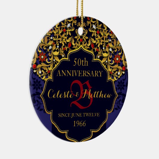 ラグジュアリージュエリードブルーレッド結婚金ゴールド記念日 セラミックオーナメント (右)