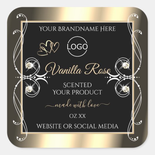 ラグジュアリージュエリーブラック金ゴールドデコール製品ラベルロゴ スクエアシール (正面)
