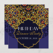 ラグジュアリージュエリー付きブルーレッドゴールド誕生日ディナー 招待状 (正面/裏面)