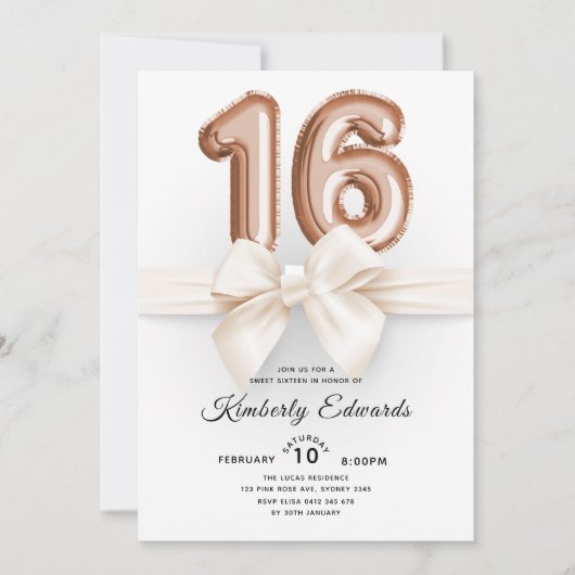 ラグジュアリースウィート16バラ金ゴールドバルーン 招待状 (正面)