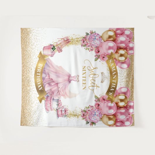 ラグジュアリースウィート16パーティー背景ピンク金ゴールドグリッター タペストリー (正面(横))