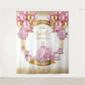 ラグジュアリースウィート16パーティー背景ピンク金ゴールドグリッター タペストリー (正面)
