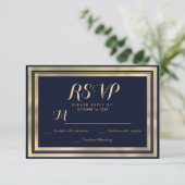 ラグジュアリースタイリッシュネイビーモダンブルー金ゴールドRSVP 出欠カード (スタンド正面)