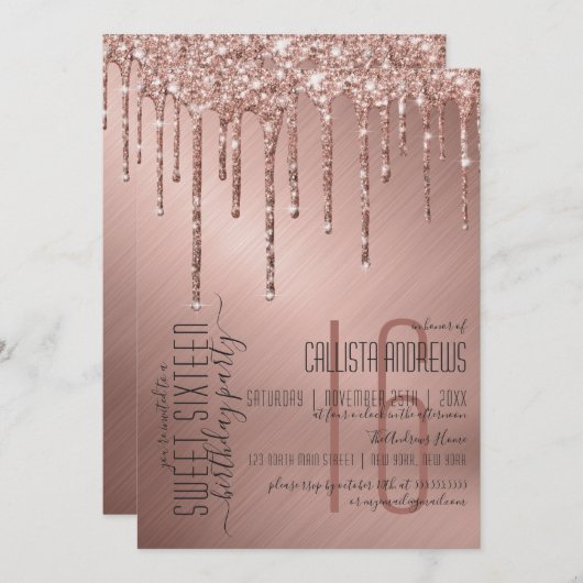 ラグジュアリースパークリーバラ金ゴールドグリッタードリップススイーツ16 招待状 (正面/裏面)